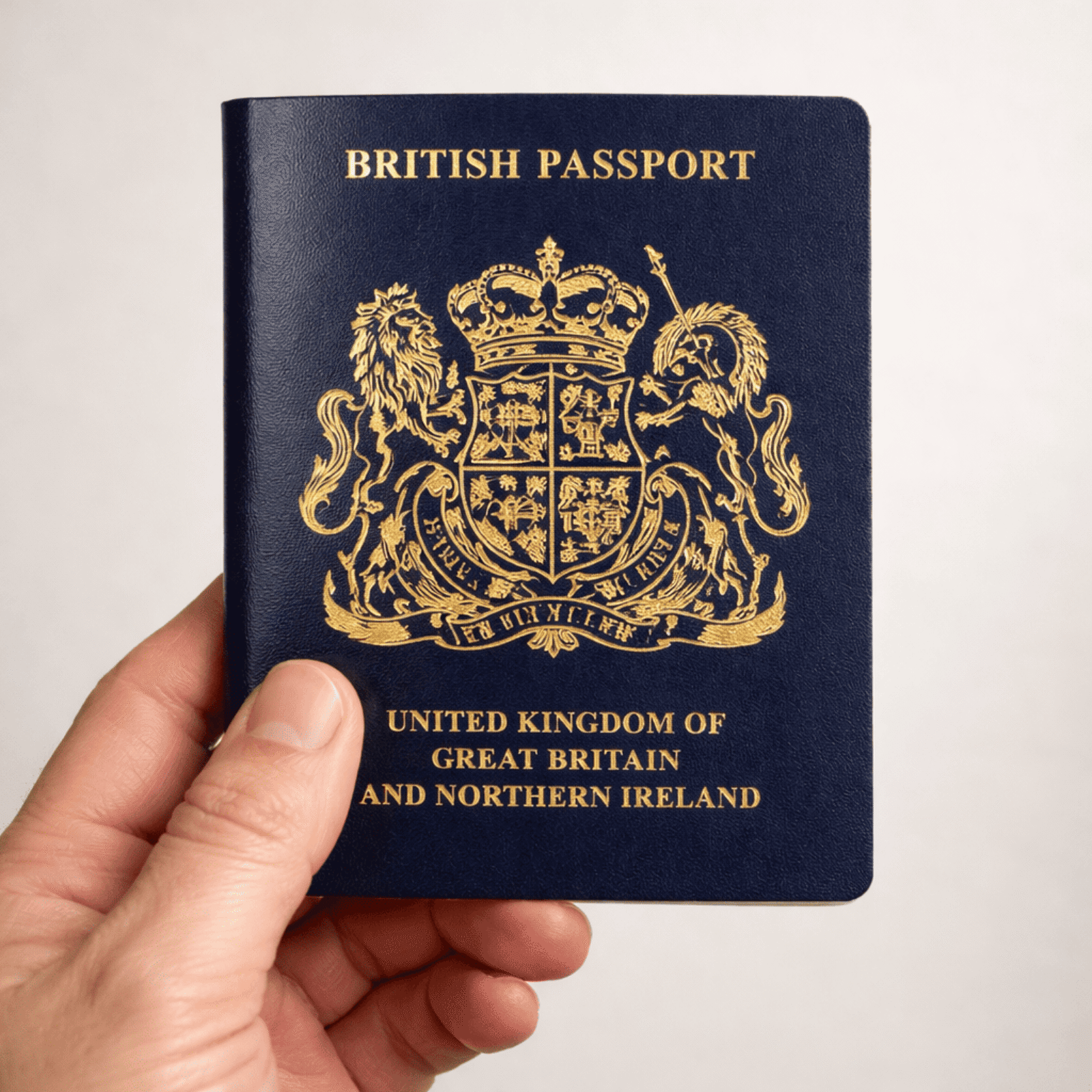 Close-up of a hand holding a British passport with the UK coat of arms visible, symbolising citizenship, identity, and the rights and responsibilities associated with UK nationality.