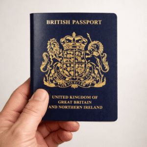 Close-up of a hand holding a British passport with the UK coat of arms visible, symbolising citizenship, identity, and the rights and responsibilities associated with UK nationality.
