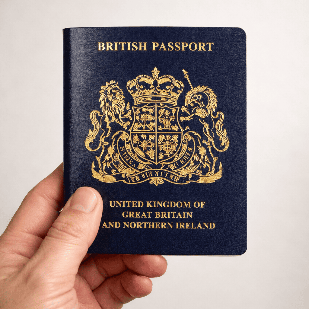 Close-up of a hand holding a British passport with the UK coat of arms visible, symbolising citizenship, identity, and the rights and responsibilities associated with UK nationality.