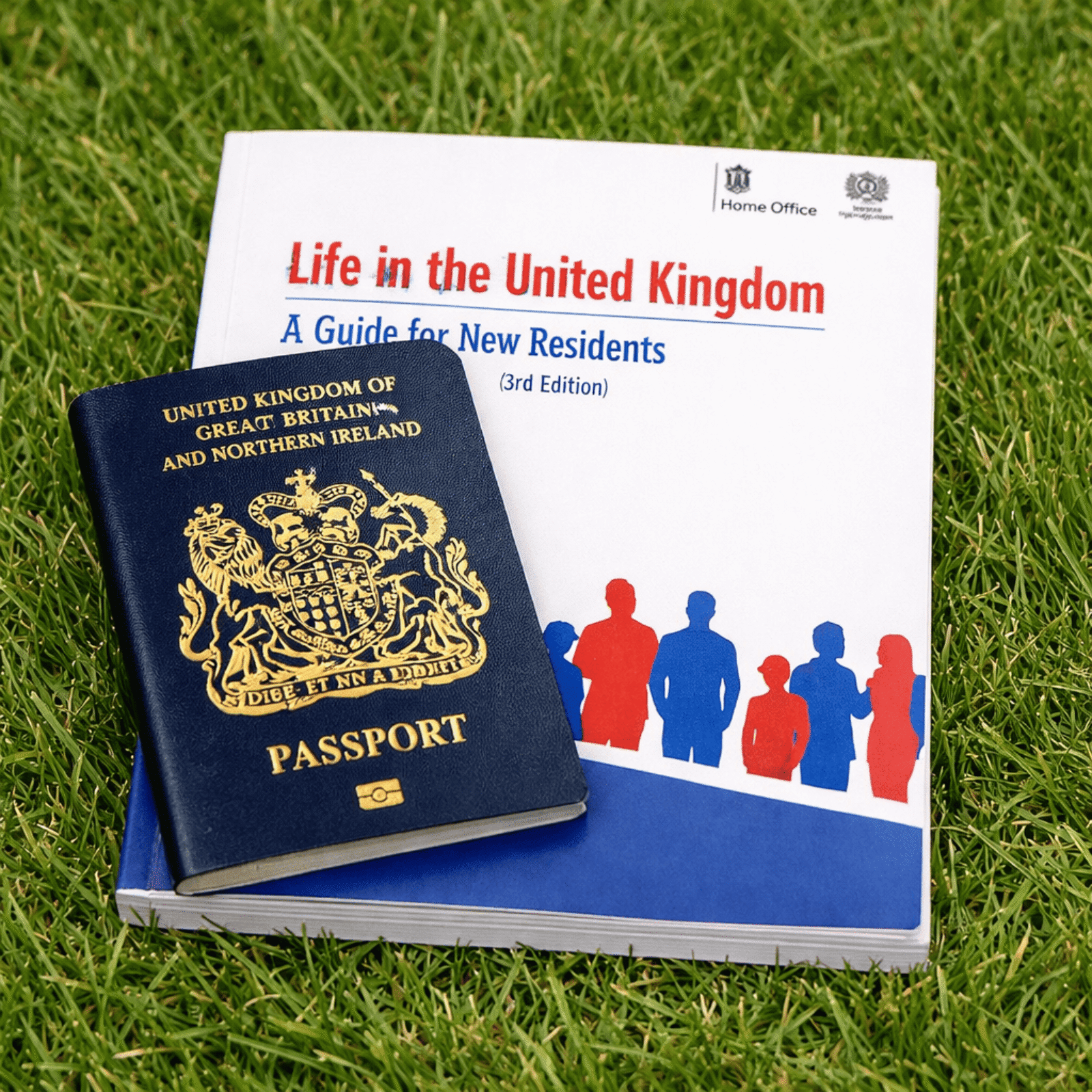 Square-format, high-resolution image of a British passport with gold coat of arms placed on top of the “Life in the United Kingdom: A Guide for New Residents (3rd Edition)” booklet, set on green grass, symbolising UK citizenship, immigration, and settlement.