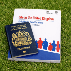 Square-format, high-resolution image of a British passport with gold coat of arms placed on top of the “Life in the United Kingdom: A Guide for New Residents (3rd Edition)” booklet, set on green grass, symbolising UK citizenship, immigration, and settlement.