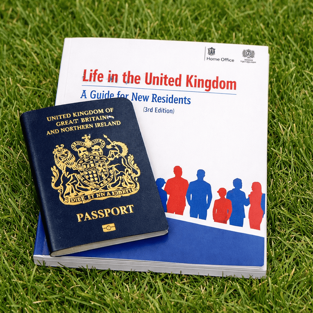 Square-format, high-resolution image of a British passport with gold coat of arms placed on top of the “Life in the United Kingdom: A Guide for New Residents (3rd Edition)” booklet, set on green grass, symbolising UK citizenship, immigration, and settlement.