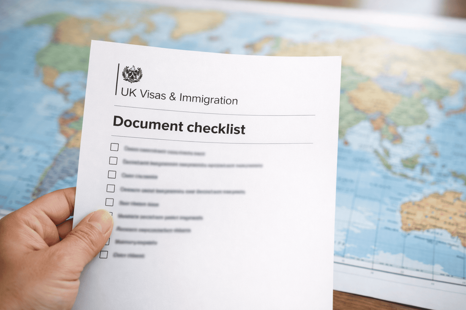 Close up of document checklist for visa application