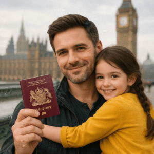 Man holding daughter with UK visa in hand Man and daughter smiling whilst holding UK visa